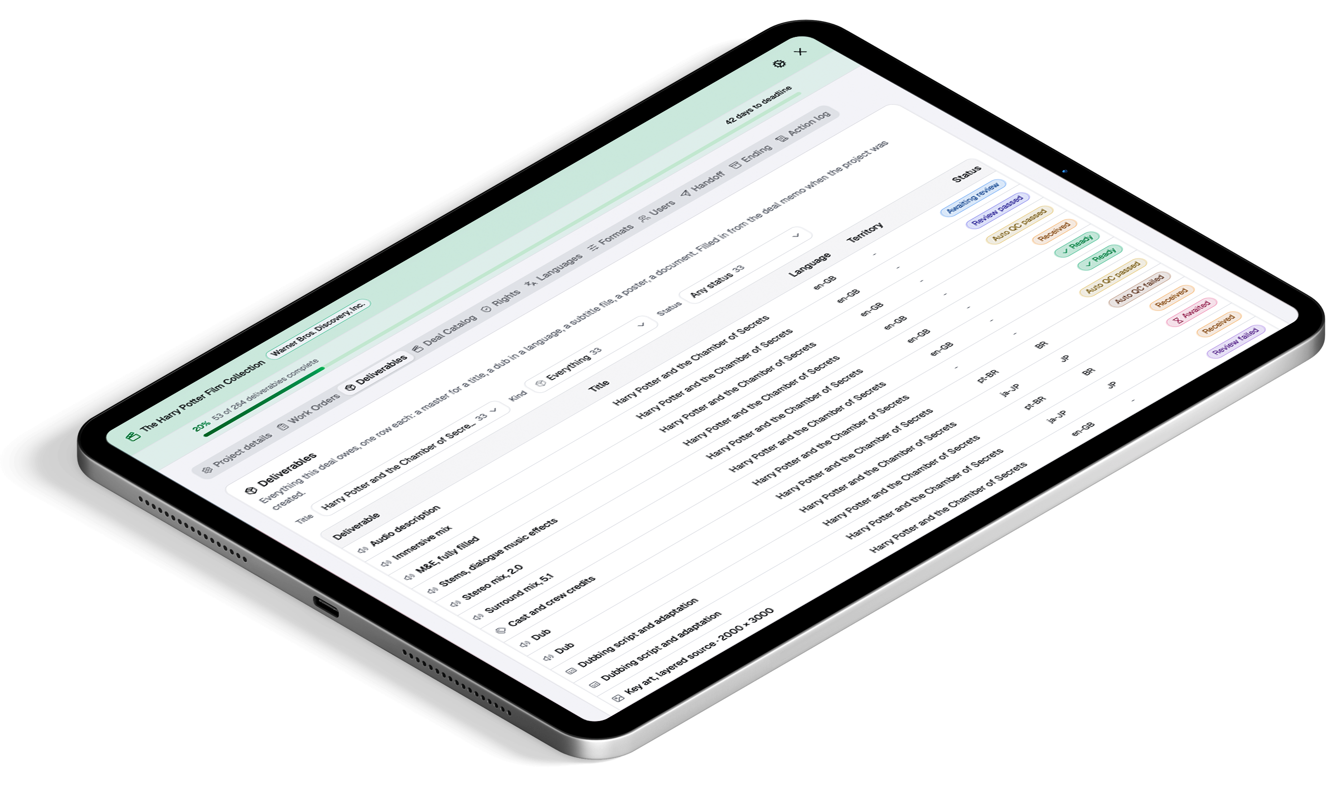 Final Frame on a tablet: a deal's deliverables, each with its kind, language, market and status.